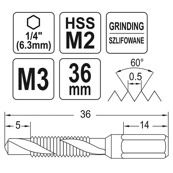 Свердло-мітчик YATO YT-44840 (М3 х 0.5 мм.)
