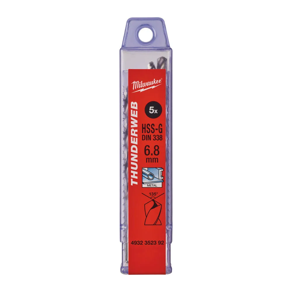 Свердло по металу THUNDERWEB HSS-G MILWAUKEE DIN338, діаметр 6,8x109х69мм, (5шт), пластикова коробка