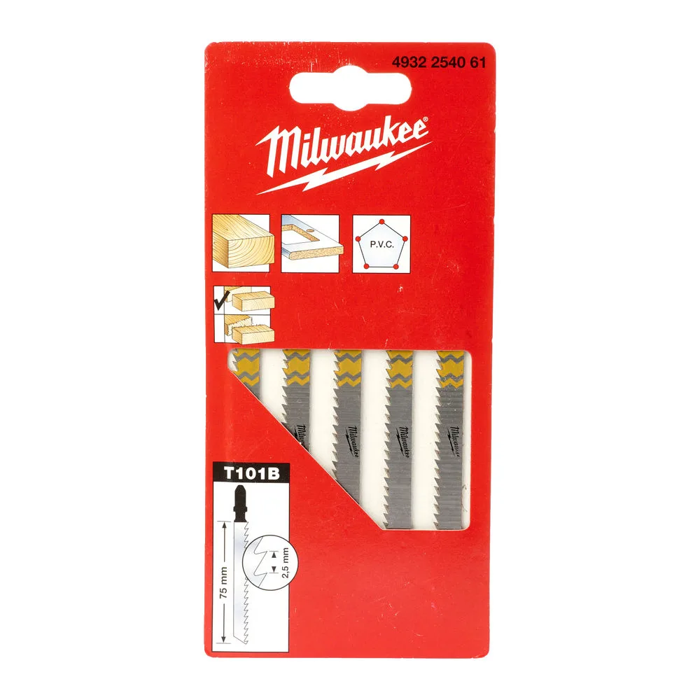 Полотна для лобзиків T101B MILWAUKEE, 75х2,5мм, (5шт), (деревина, чистий різ)