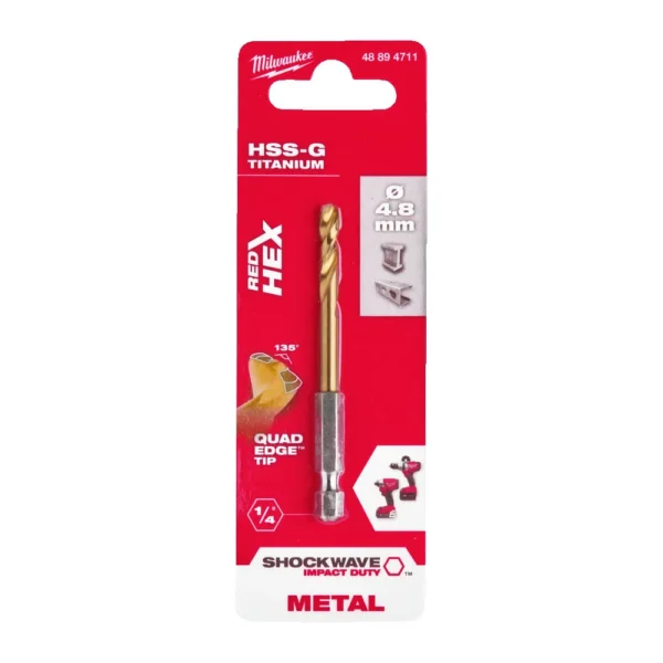 Свердло по металу RedHEX SHOCKWAVE HSS-TiN MILWAUKEE, діаметр 4,8х78х29мм