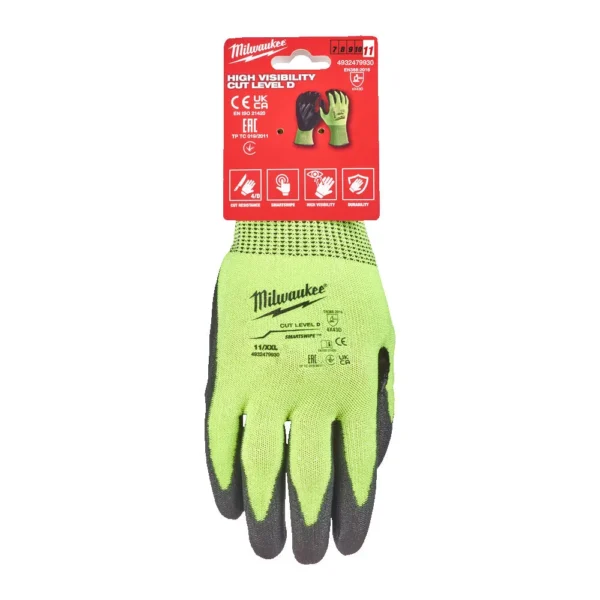 Рукавиці робочі сигнальні Hi-Vis MILWAUKEE, з опором порізам 4/D рівня, розмір 11/XXL