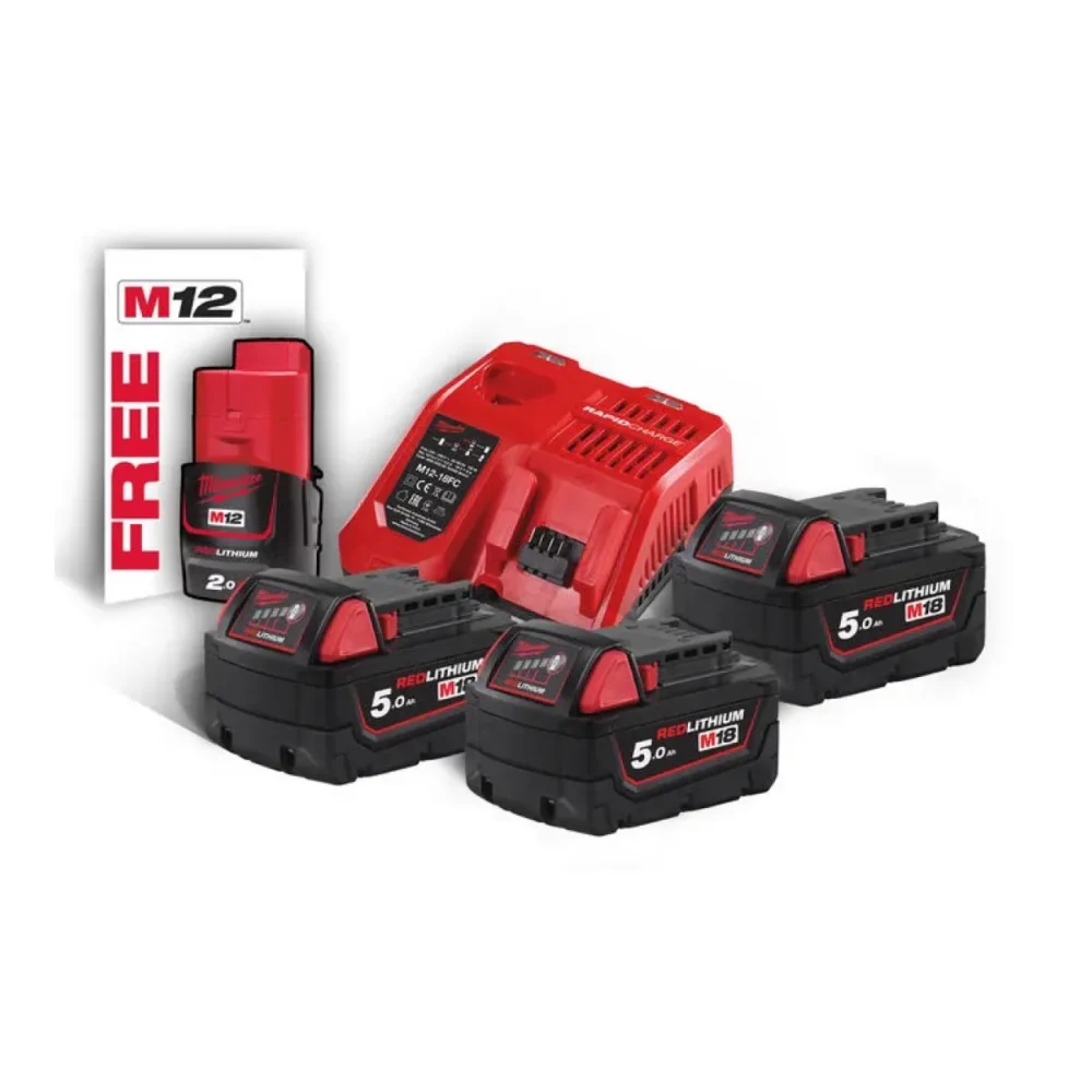 Енергокомплект Li-Ion MILWAUKEE, M18 NRG-503 (зарядний пристрій M12-18FC, 3 акумулятори M18 В5 5Аг) + подарунок акумулятор M12 B