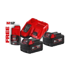 Енергокомплект Li-Ion MILWAUKEE, M18 NRG-502 (зарядний пристрій M12-18 FC, 2 акумулятори М18 В5 5Аг) + подарунок акумулятор M12
