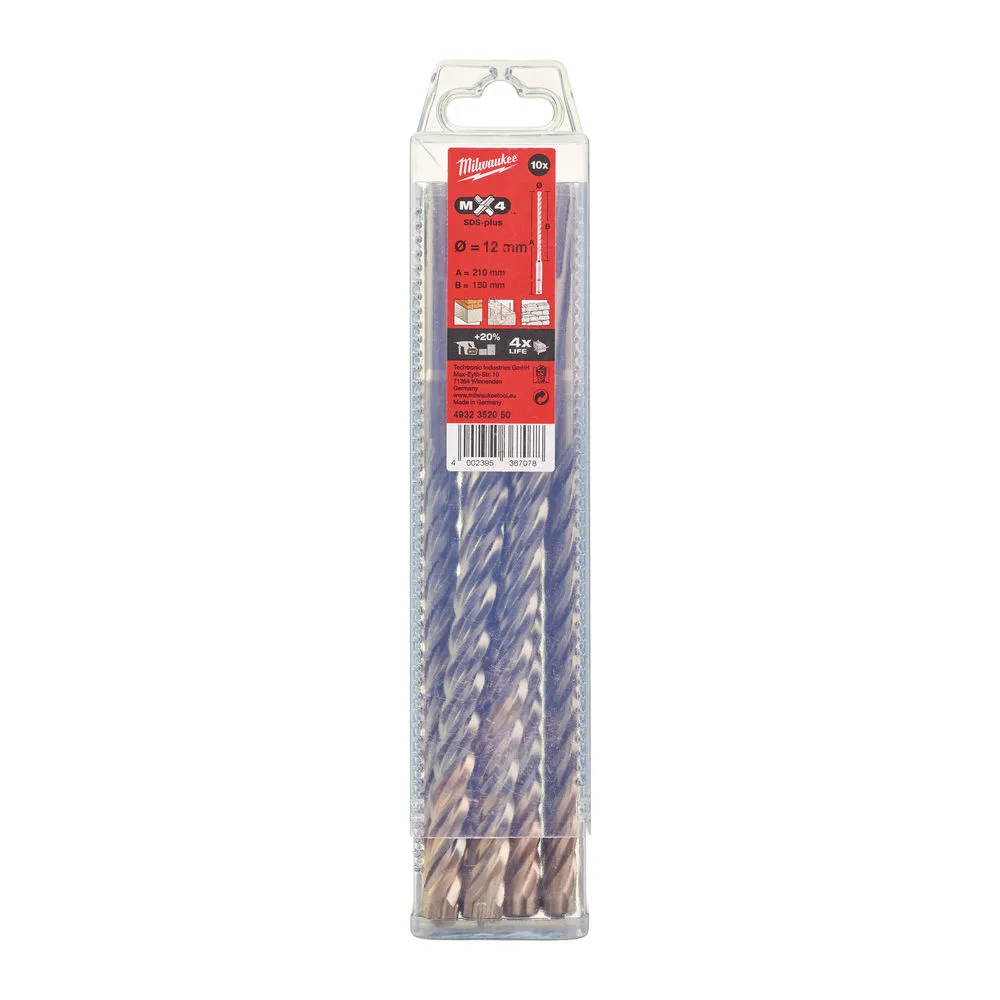 Бур SDS-PLUS MX4 MILWAUKEE, діаметр 12,0х210х150мм, (10шт), пластикова коробка