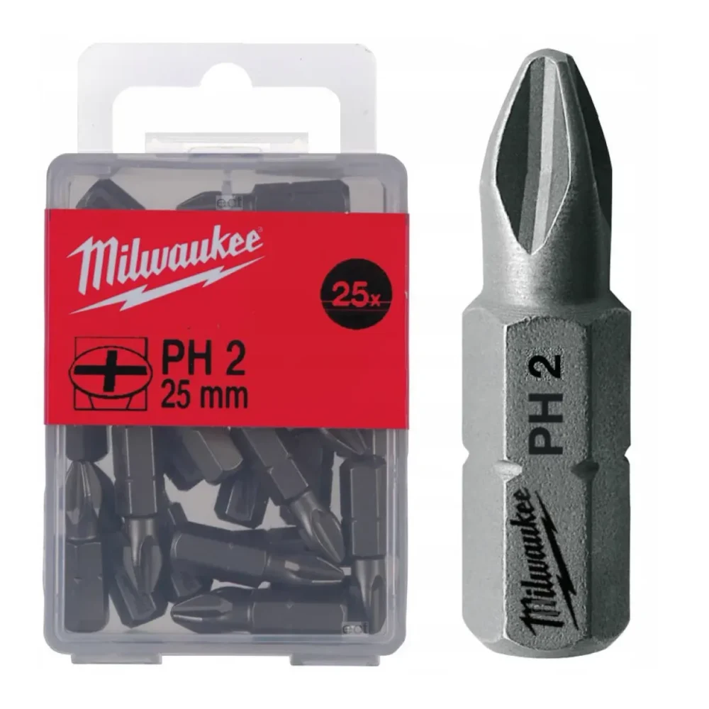 Біта MILWAUKEE, PH2, 25мм, (25шт), пластикова коробка