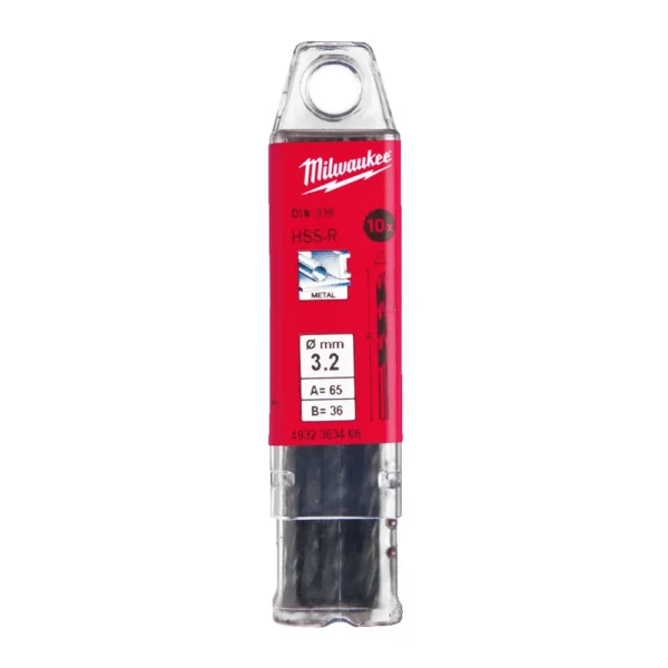 Свердло по металу HSS-R MILWAUKEE DIN338, діаметр 3,2х65х36мм, (10шт), пластикова коробка