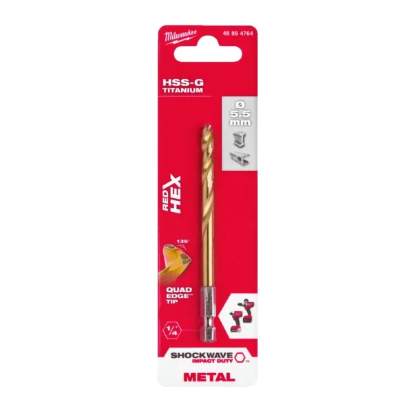 Свердло по металу RedHEX SHOCKWAVE HSS-TiN MILWAUKEE, діаметр 5,5х104х60мм