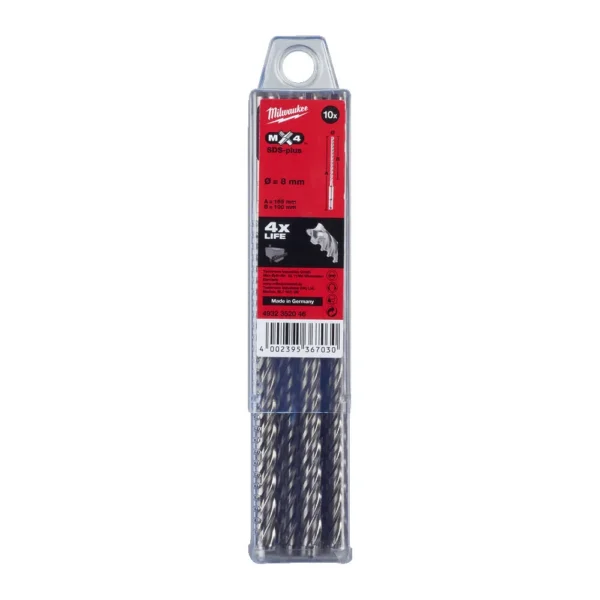 Бур SDS-PLUS MX4 MILWAUKEE, діаметр 8,0х165х100мм, (10шт), пластикова коробка