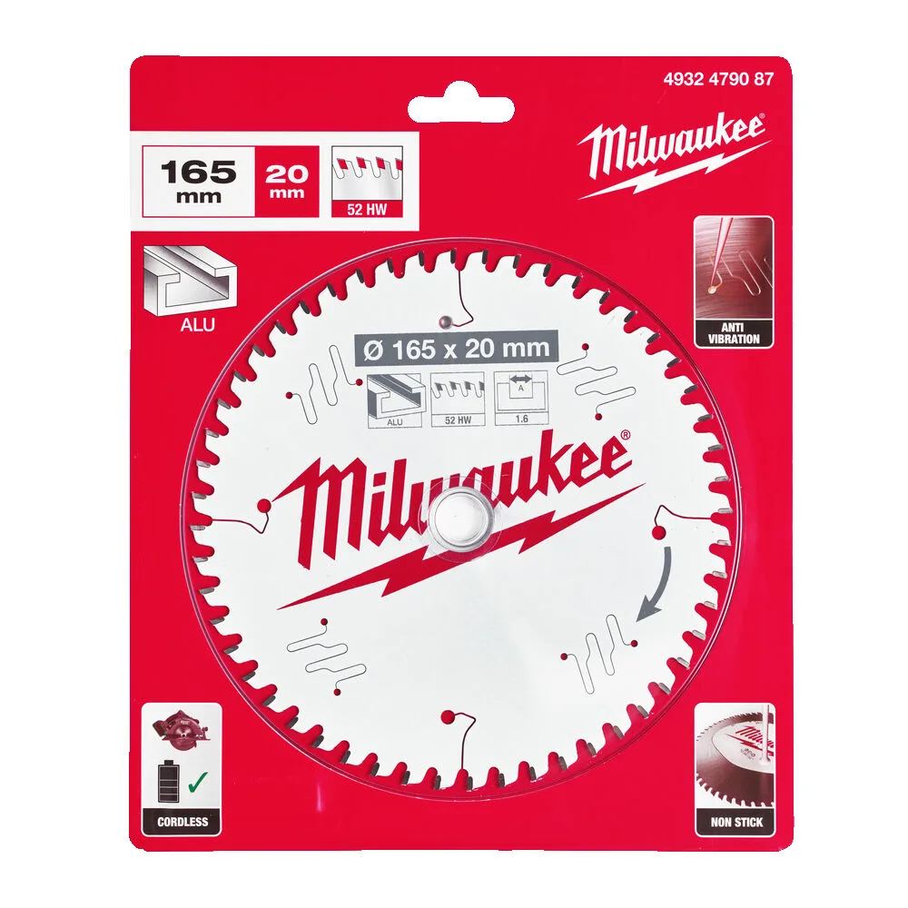 Диск пиляльний по алюмінію Alu PFTE THIN KERF MILWAUKEE, діаметр 165х20х1,6мм, 52 зуб.