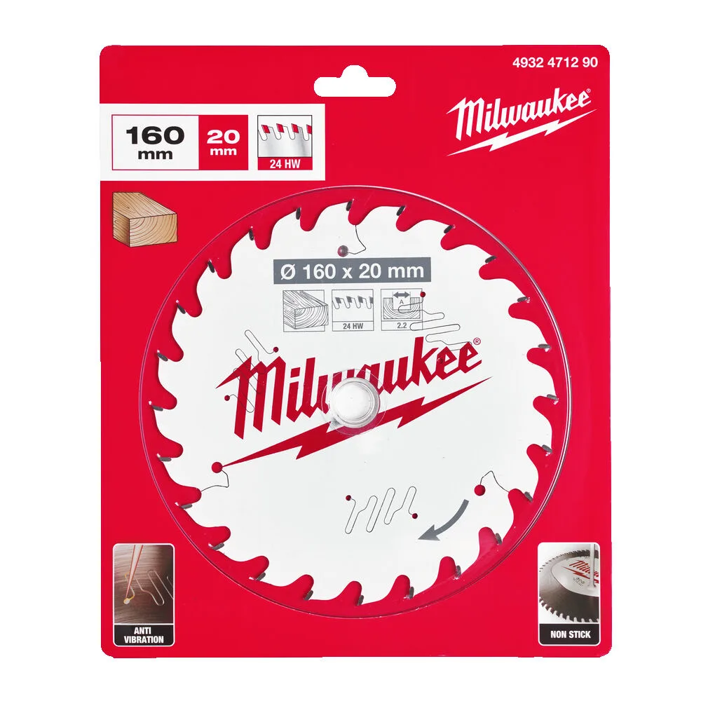 Диск пиляльний по дереву PFTE MILWAUKEE, діаметр 160х20х2,2мм, 24 зуб.