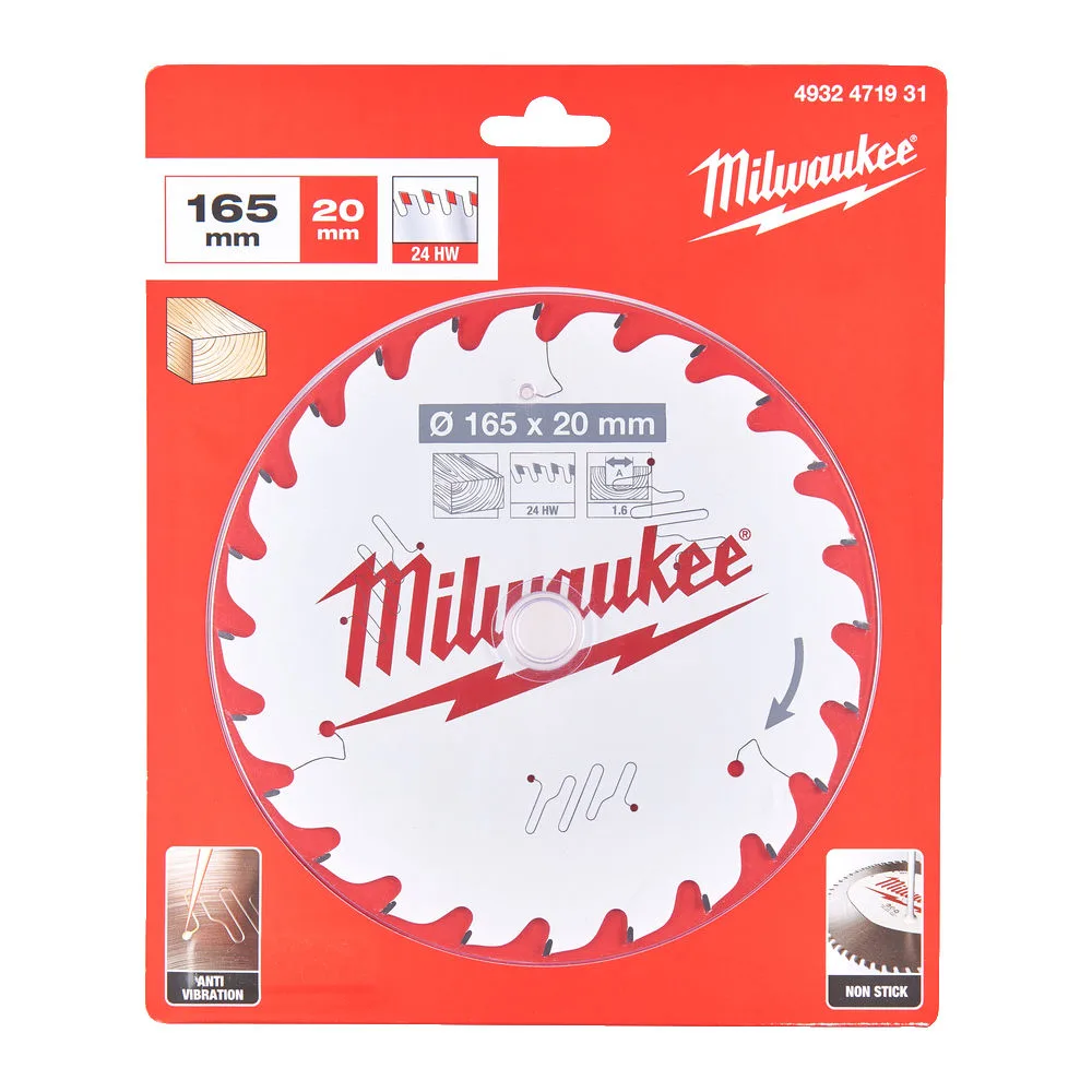 Диск пиляльний по дереву PFTE THIN KERF MILWAUKEE, діаметр 165х20х1,6мм, 24 зуб.