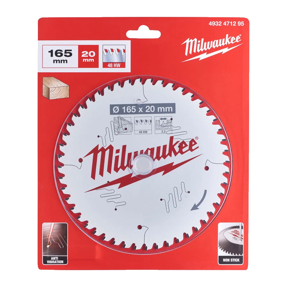 Диск пиляльний по дереву PFTE MILWAUKEE, діаметр 165х20х2,2мм, 48 зуб.