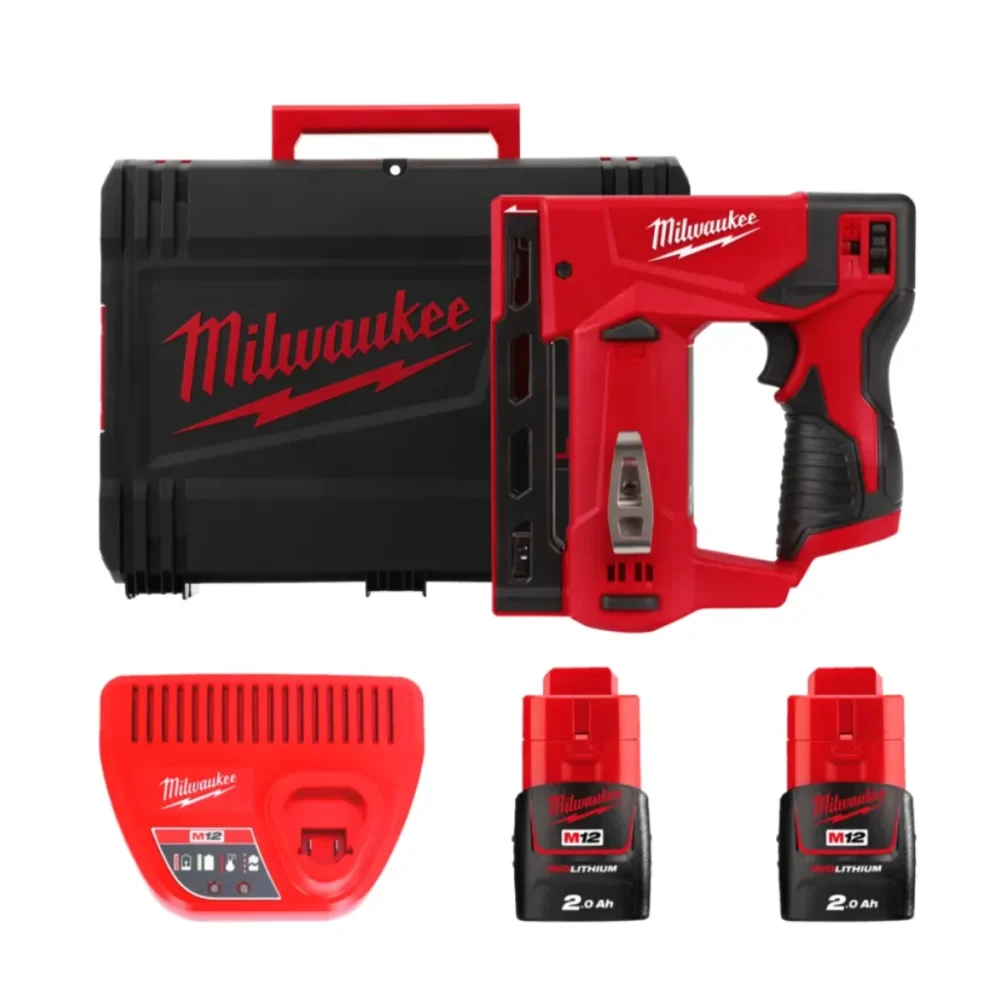 Степлер акумуляторний MILWAUKEE, M12 BST-202X (зарядний пристрій С12 С, 2 акумулятори М12 В2 2Аг, кліпса для ременя, HD кейс)