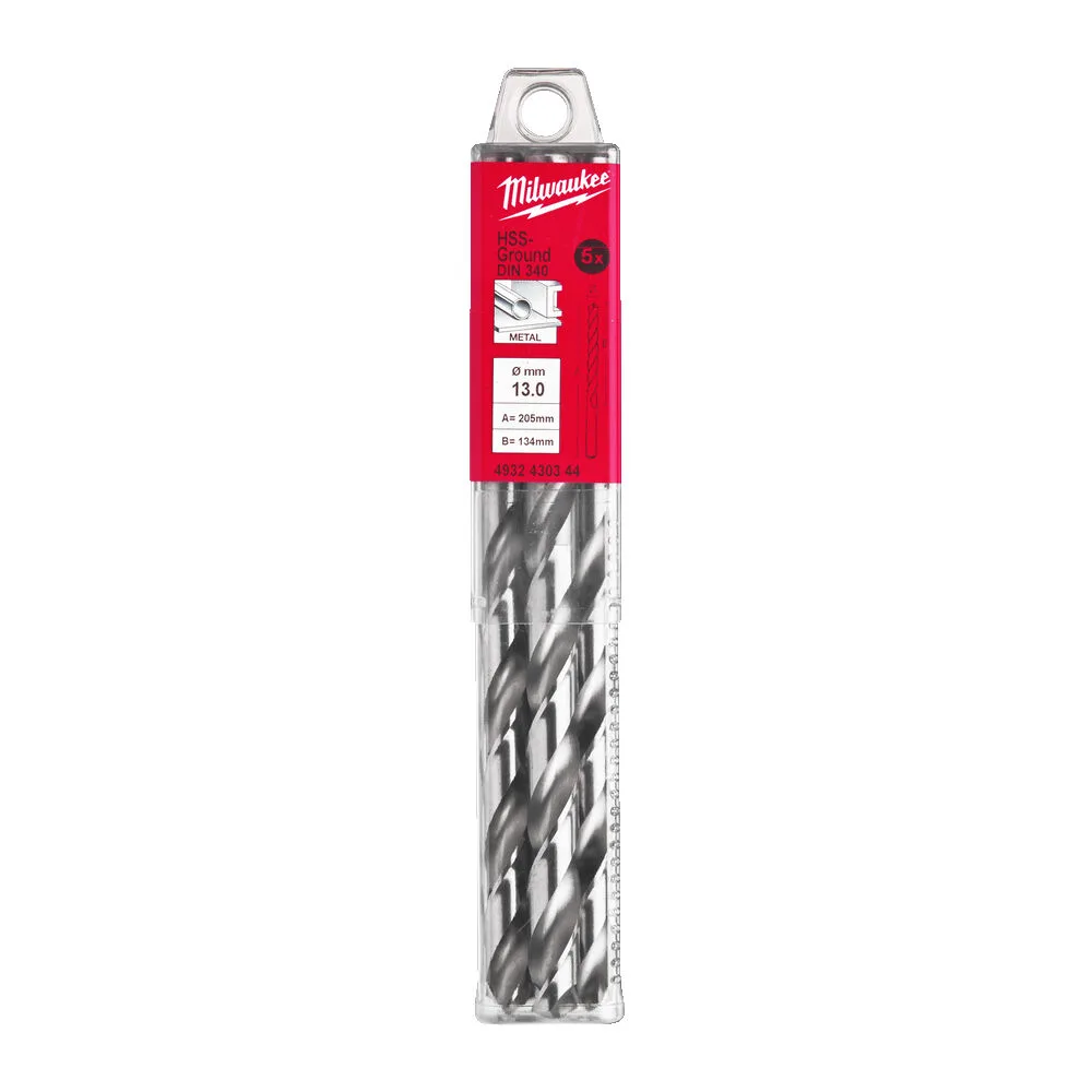 Свердло по металу HSS-G MILWAUKEE DIN340, діаметр 13,0х205х134мм, подовжене, (5шт), пластикова коробка