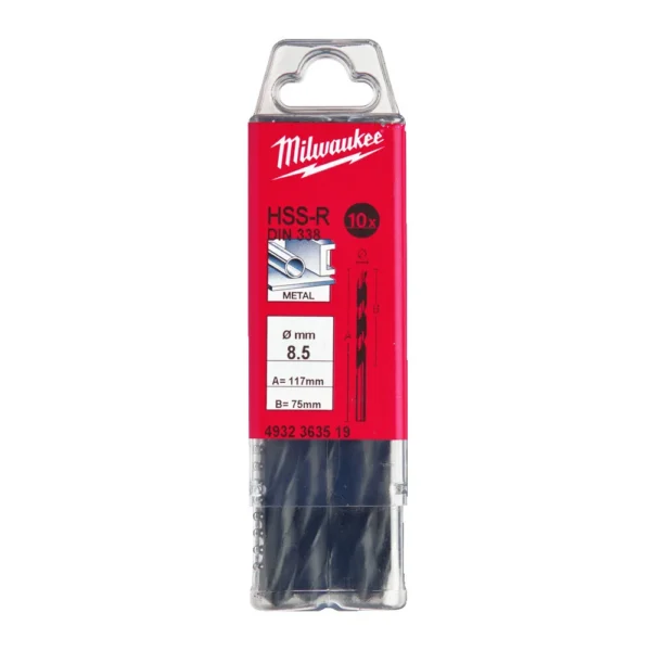 Свердло по металу HSS-R MILWAUKEE DIN338, діаметр 8,5х117х75мм, (10шт), пластикова коробка