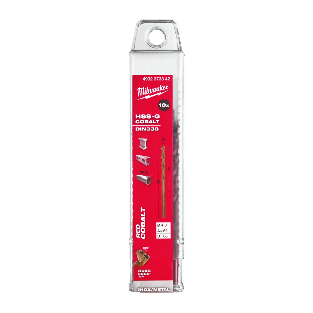 Cвердло по металу HSS-Co MILWAUKEE DIN338, діаметр 4,8х86х52мм, (10шт), пластикова коробка