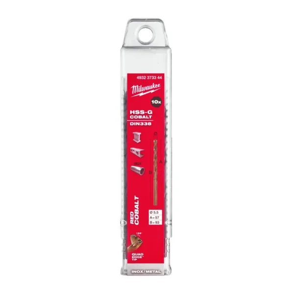 Cвердло по металу HSS-Co MILWAUKEE DIN338, діаметр 5,5х93х57мм, (10шт), пластикова коробка