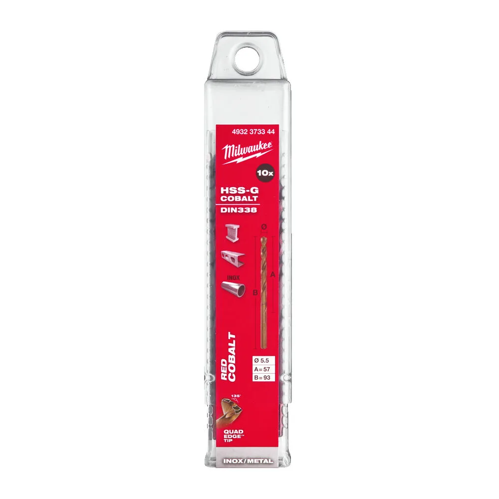 Cвердло по металу HSS-Co MILWAUKEE DIN338, діаметр 5,5х93х57мм, (10шт), пластикова коробка