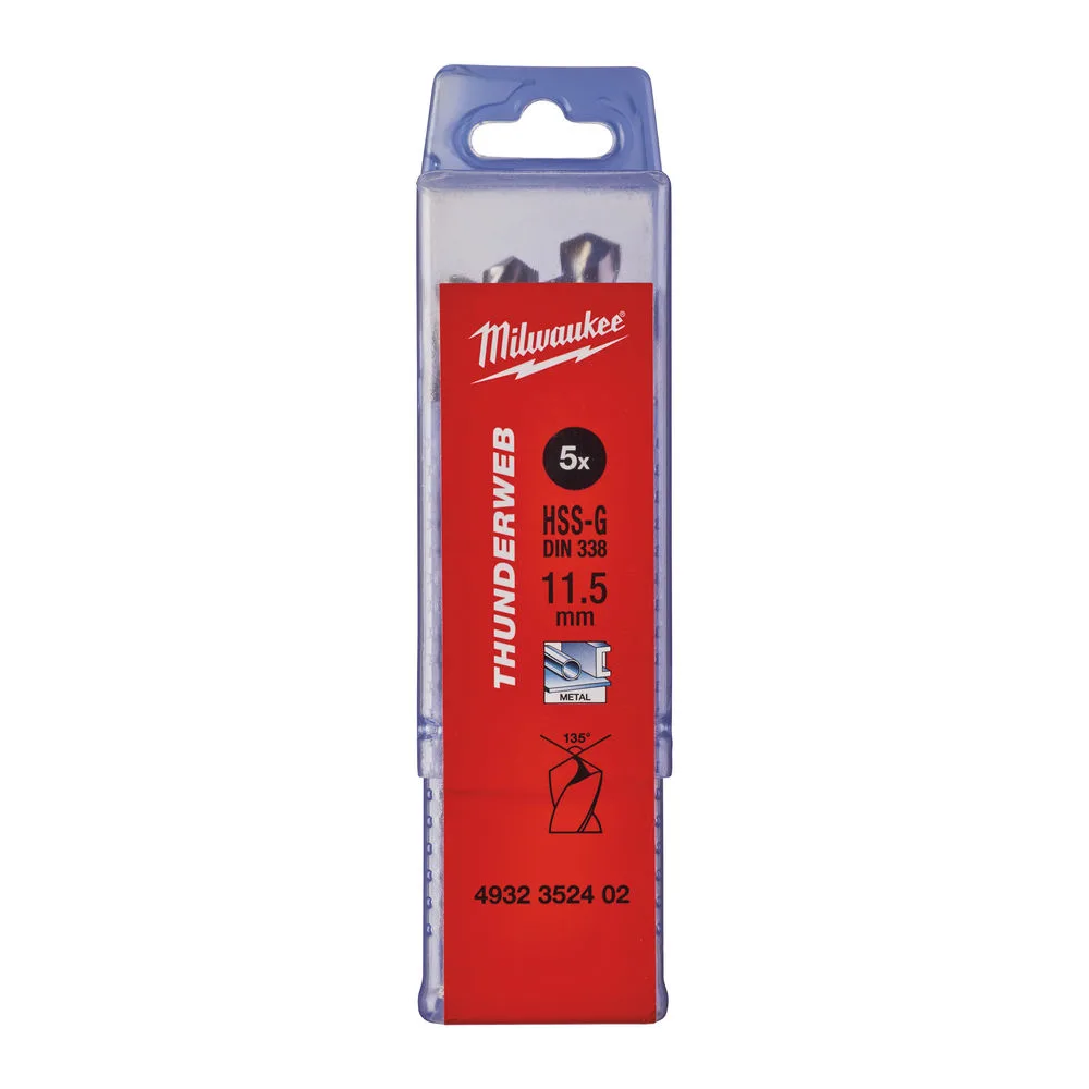 Свердло по металу THUNDERWEB HSS-G MILWAUKEE DIN338, діаметр 11,5x142х94мм, (5шт), пластикова коробка