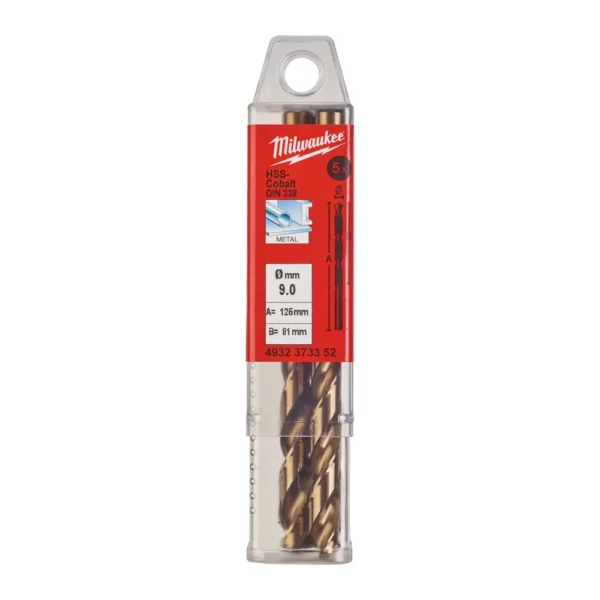 Cвердло по металу HSS-Co MILWAUKEE DIN338, діаметр 9.0х125х83мм (5шт), пластикова коробка