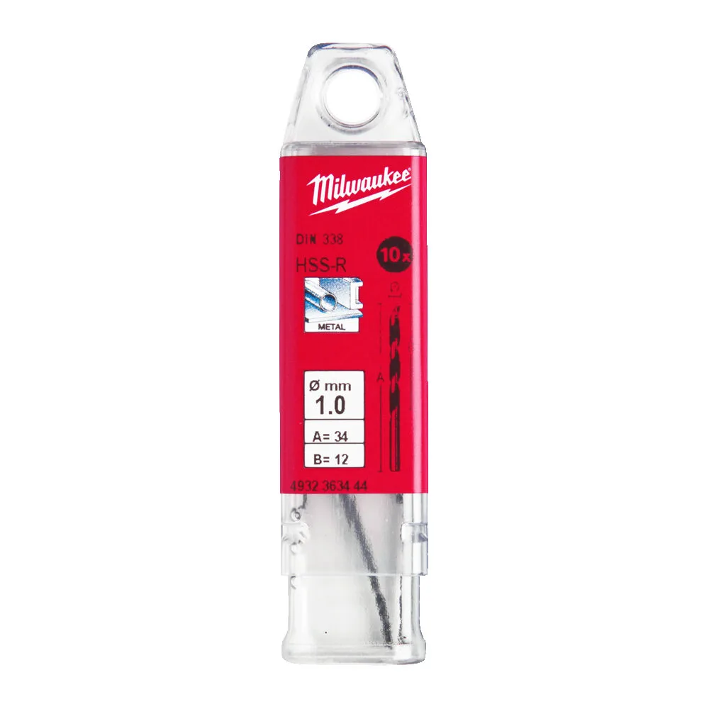 Свердло по металу HSS-R MILWAUKEE DIN338, діаметр 1,0х34х12мм, (10шт), пластикова коробка