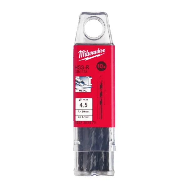 Свердло по металу HSS-R MILWAUKEE DIN338, діаметр 4,5х80х47мм, (10шт), пластикова коробка