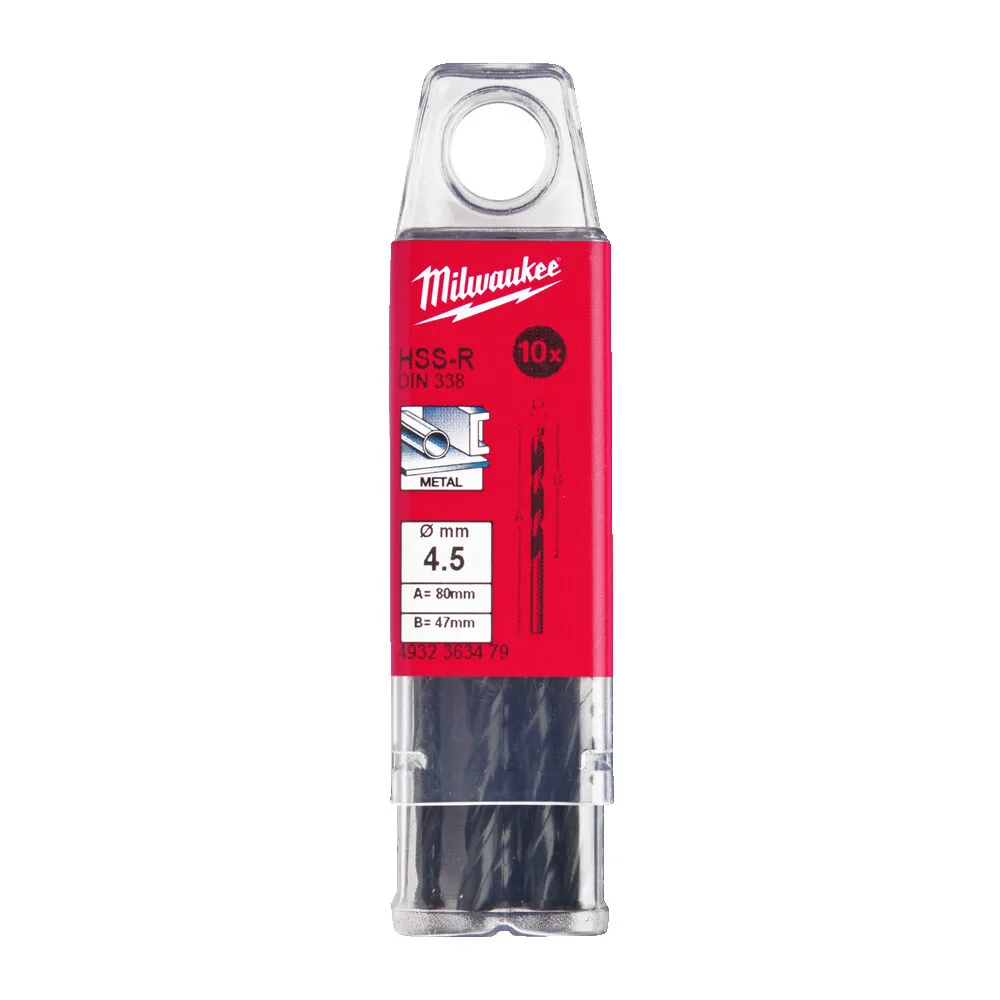 Свердло по металу HSS-R MILWAUKEE DIN338, діаметр 4,5х80х47мм, (10шт), пластикова коробка