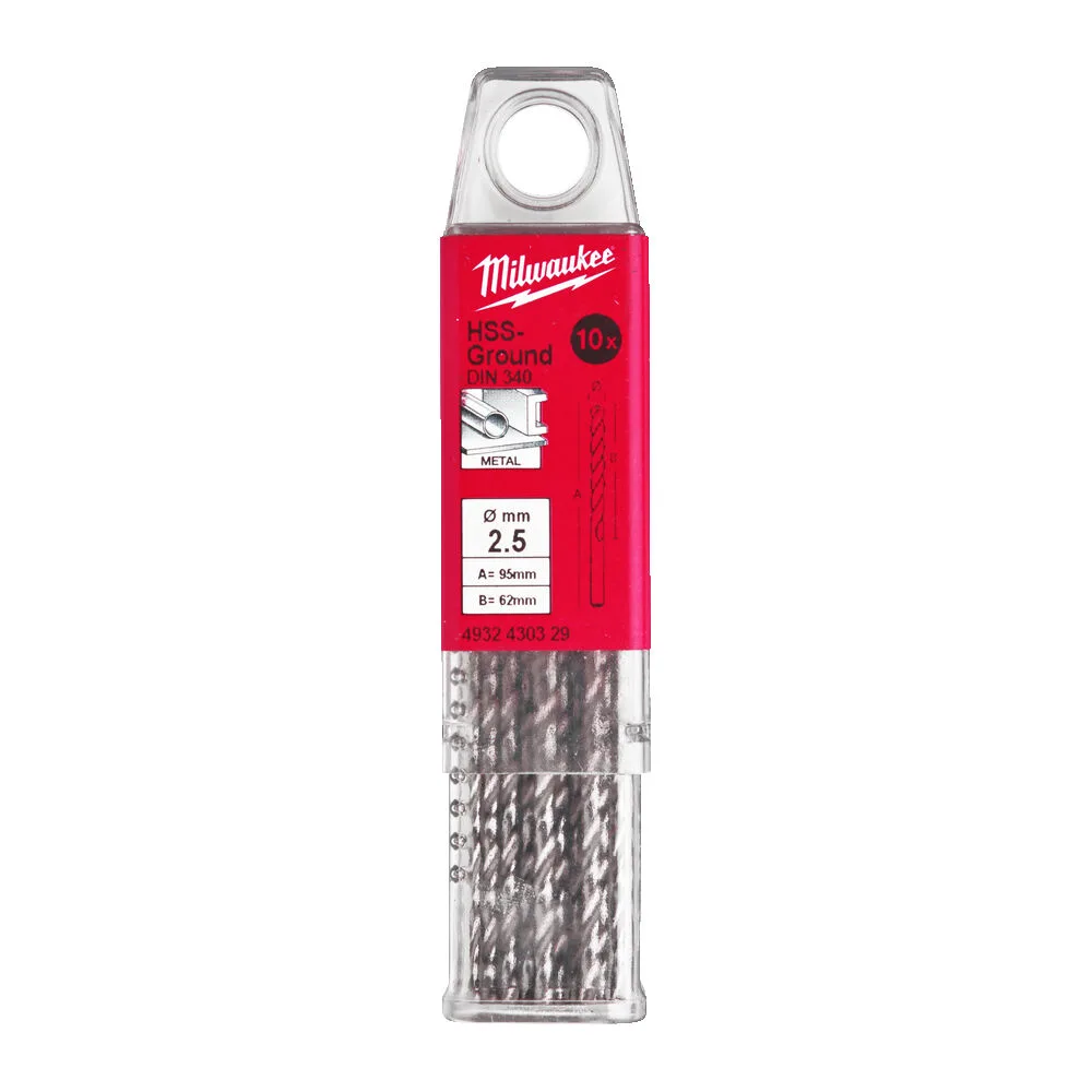 Свердло по металу HSS-G MILWAUKEE DIN340, діаметр 2,5x95х62мм, подовжене, (10 шт), пластикова коробка
