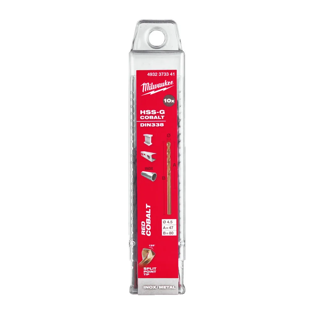 Свердло по металу HSS-Co MILWAUKEE DIN338, діаметр 4,5х80х47мм, (10шт), пластикова коробка
