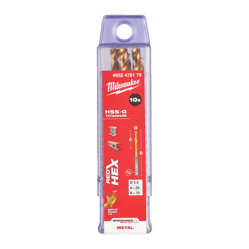 Свердло по металу RedHEX SHOCKWAVE HSS-TiN MILWAUKEE, діаметр 4,5х76х29мм, (10шт), пластикова коробка