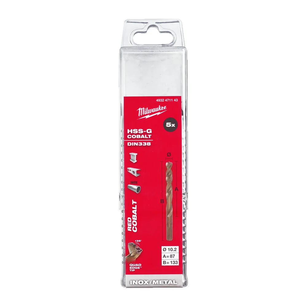 Свердло по металу HSS-Co MILWAUKEE DIN338, діаметр 10,2х133х87мм, (5шт), пластикова коробка
