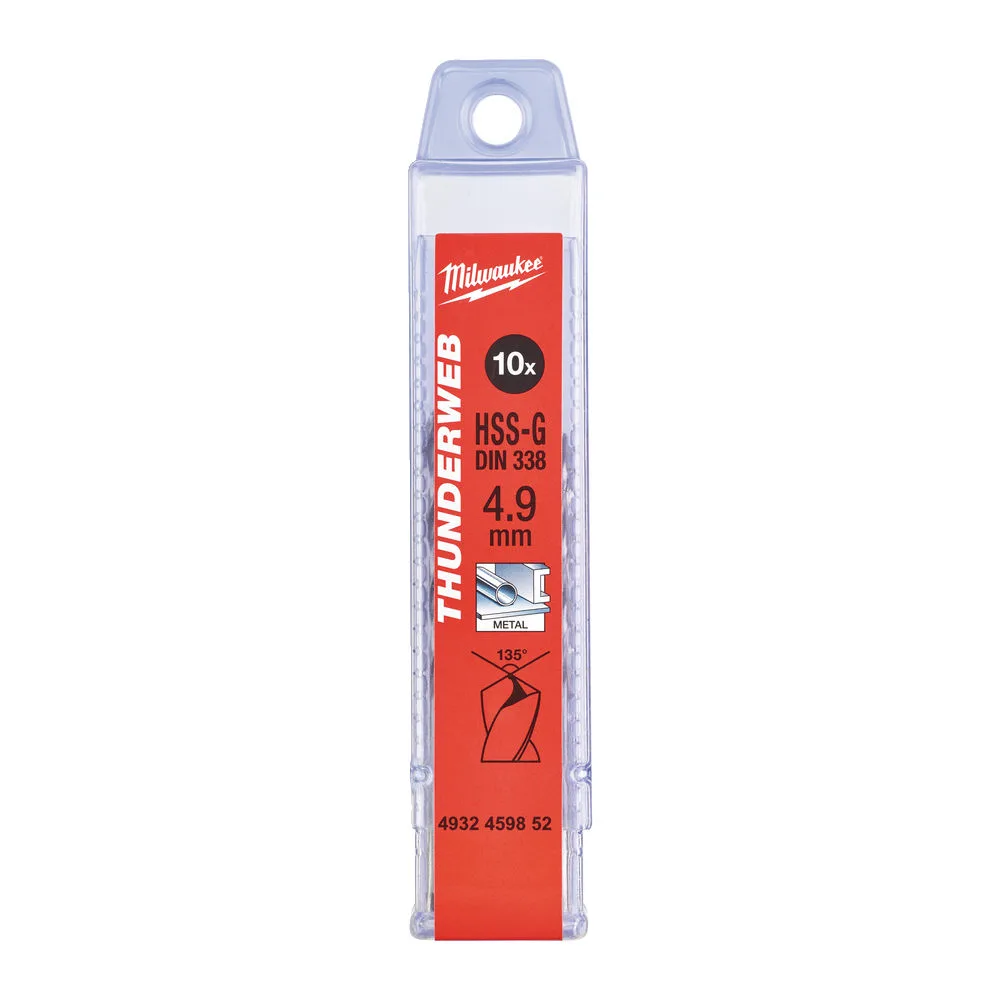 Свердло по металу THUNDERWEB HSS-G MILWAUKEE DIN338, діаметр 4,9х86х52мм, (10шт), пластикова коробка
