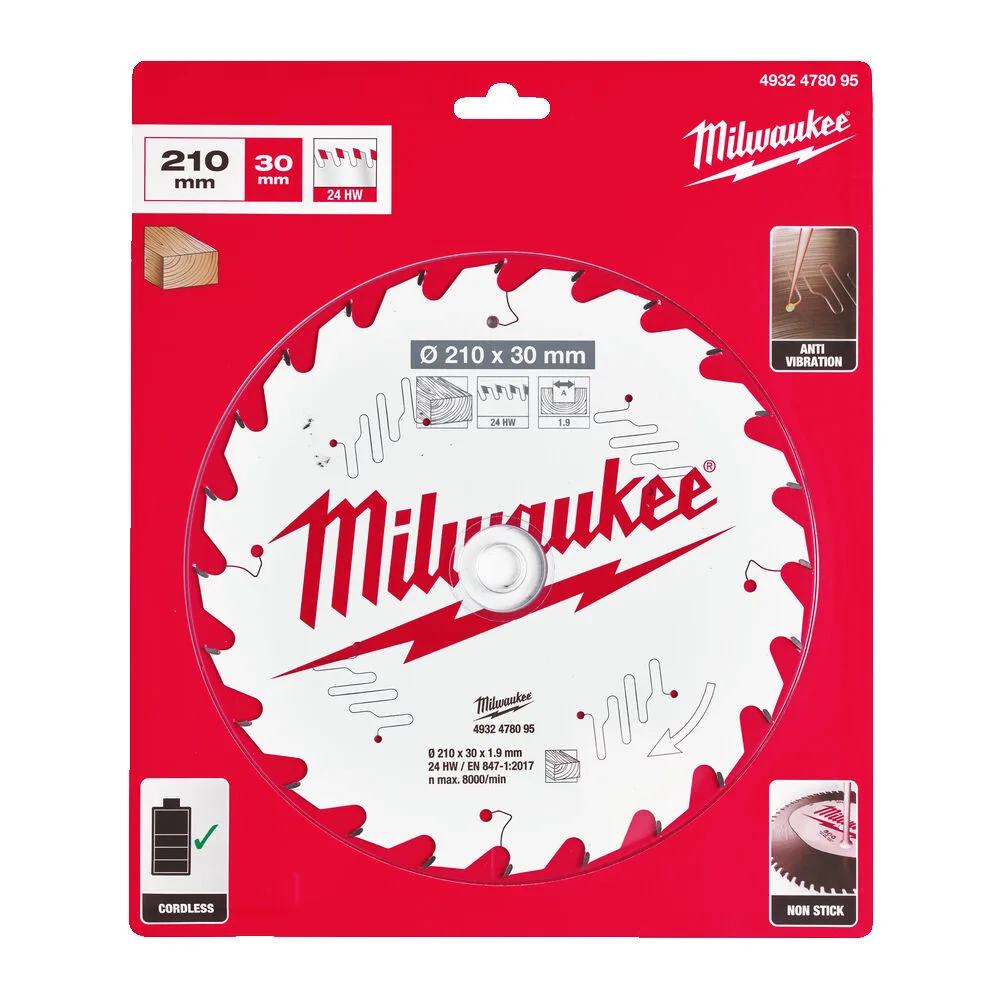 Диск пиляльний по дереву PFTE MILWAUKEE, діаметр 210х30х1,9 мм, 24 зуб.