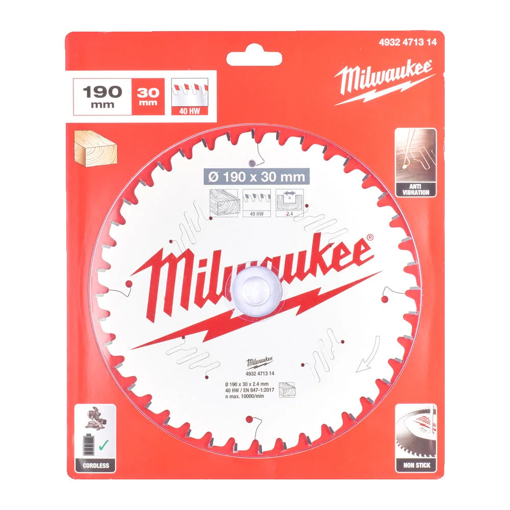 Диск пиляльний по дереву для торцювальних пил PFTE MILWAUKEE, діаметр 190х30х2,4мм, 40 зуб.