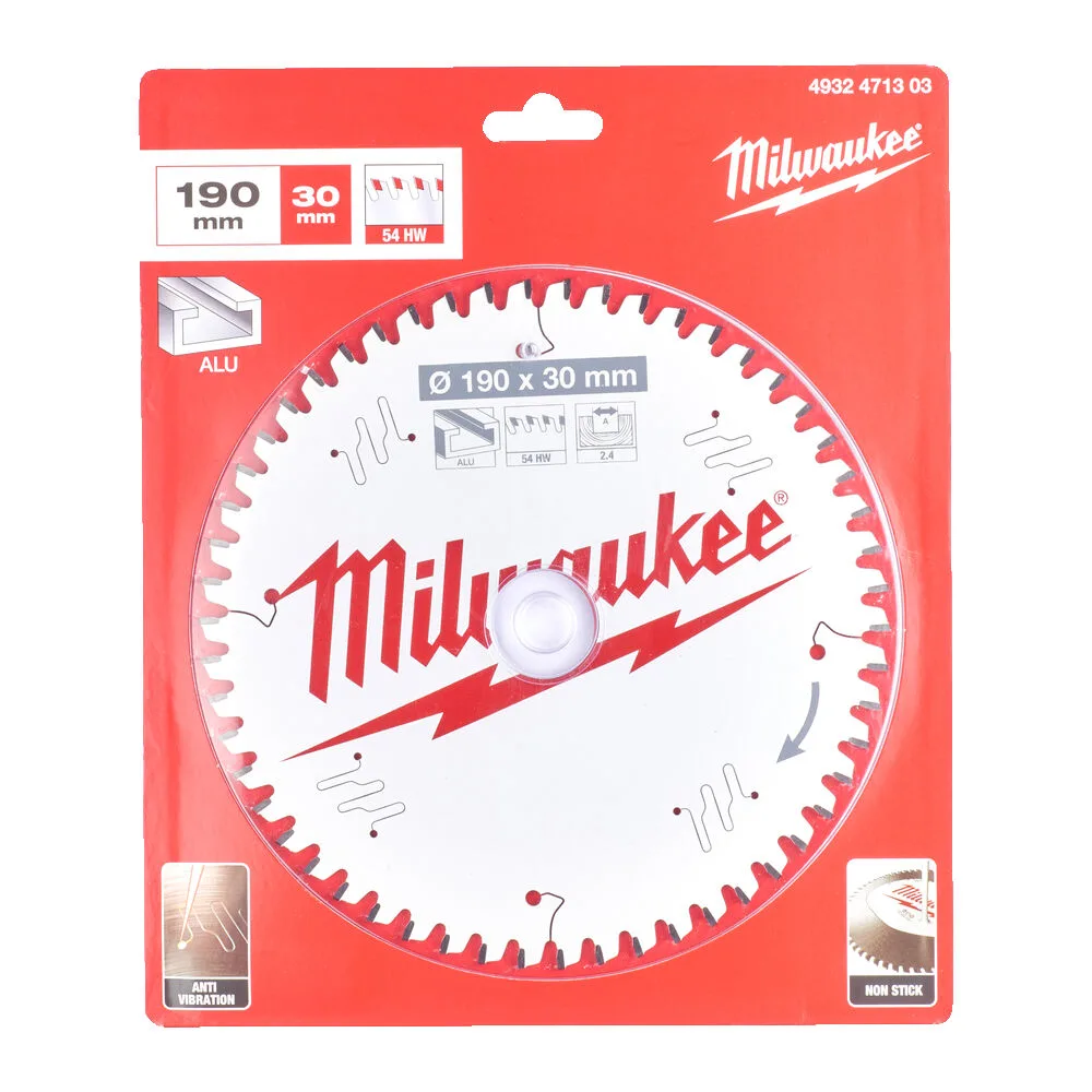 Диск пиляльний по алюмінію Alu PFTE MILWAUKEE, діаметр 190х30х2,4мм, 54 зуб.