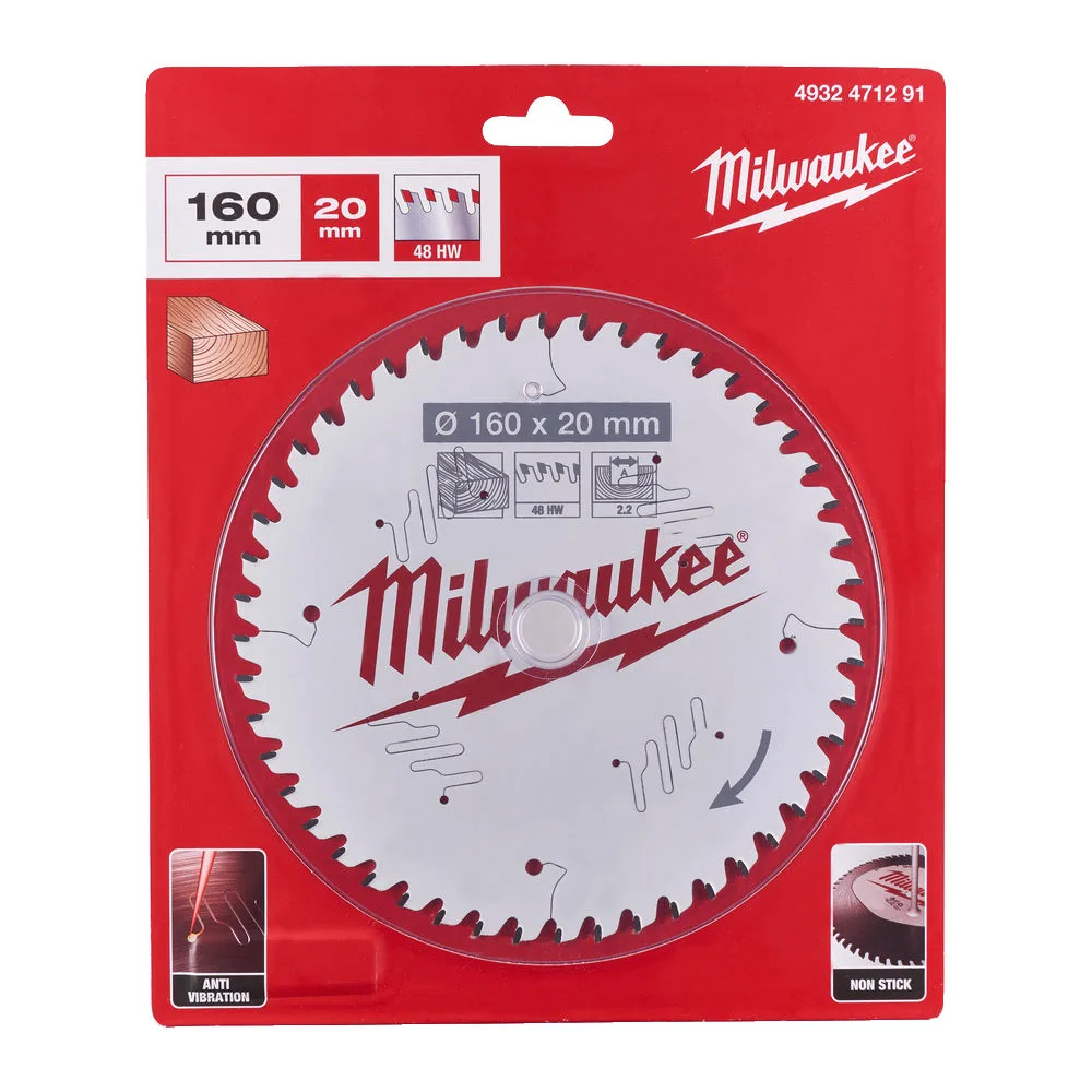 Диск пиляльний по дереву PFTE MILWAUKEE, діаметр 160х20х2,2мм, 48 зуб.