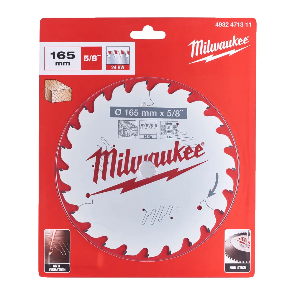 Диск пиляльний по дереву PFTE THIN KERF MILWAUKEE, діаметр 165х5/8"х1,6мм, 24 зуб.