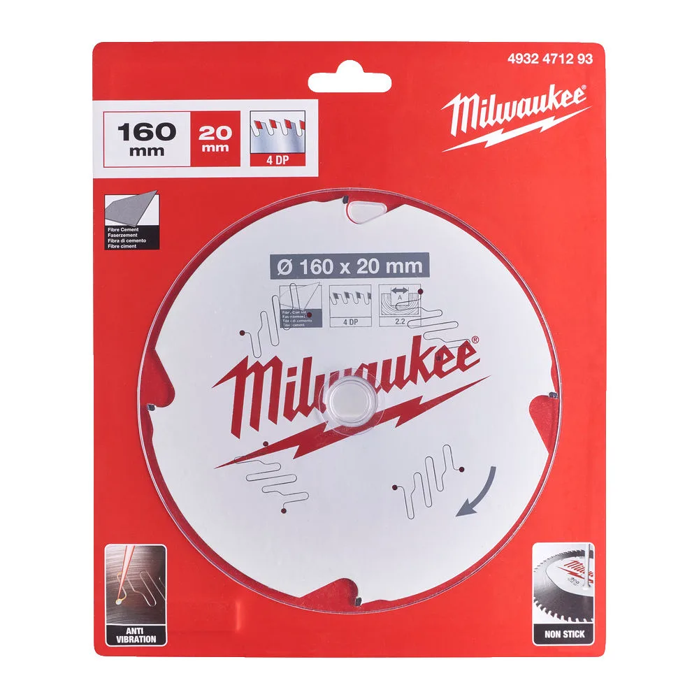 Диск пиляльний по фіброцементу PFTE MILWAUKEE, діаметр 160х20х2,2мм, 4 зуб.