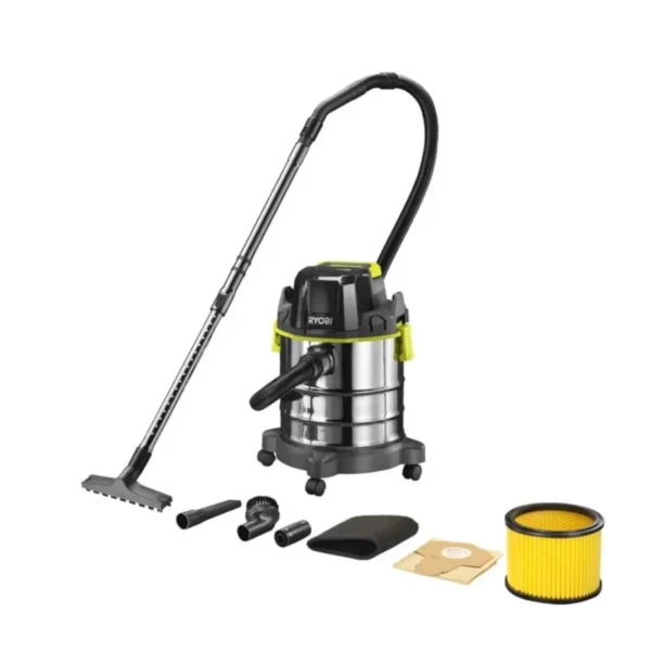 Пилосос акумуляторний будівельний RYOBI R18WDV-0 ONE+ (+ Всмоктуючий шланг, ручка, телескопічна штанга, насадка для підлоги, щіл