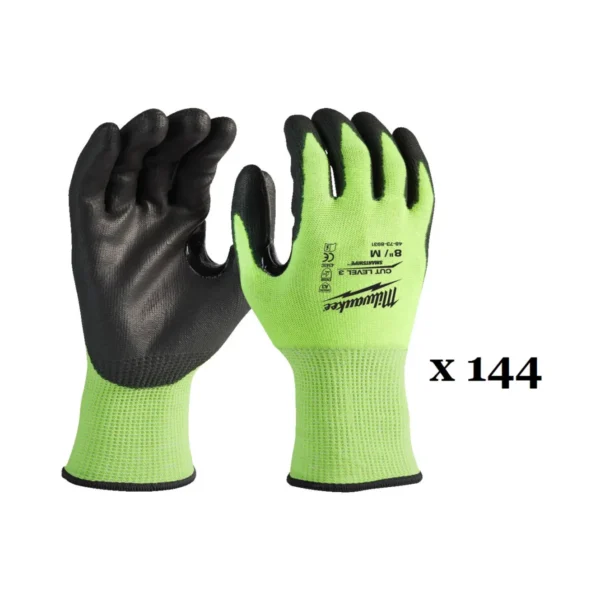 Рукавиці робочі сигнальні Hi-Vis MILWAUKEE, з опором порізам 3/C рівня, розмір 8/M, (144 пари)