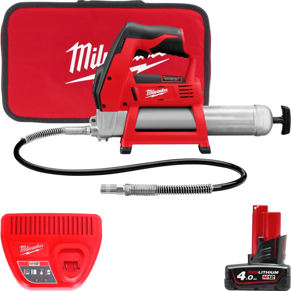 Шприц для змащування акумуляторний MILWAUKEE, M12 GG-401B (зарядний пристрій, 1 акумулятор М12 В4 4Ач, алюмінієва туба, сумка)