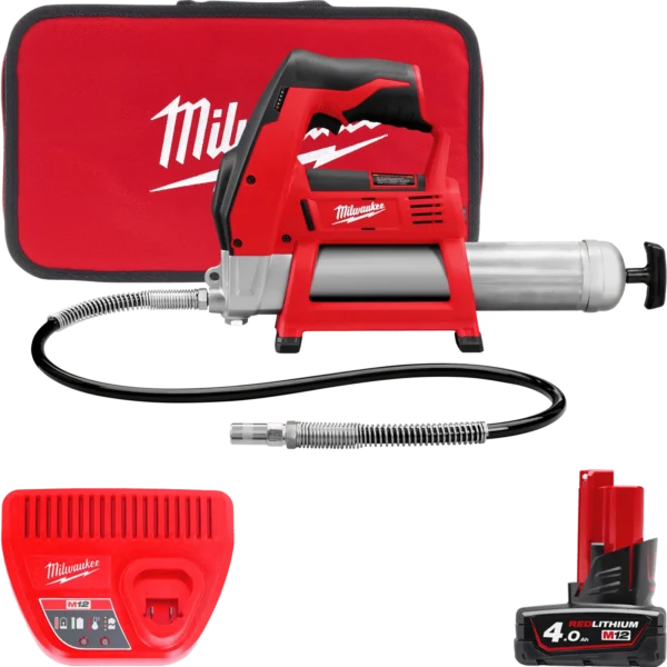Шприц для змащування акумуляторний MILWAUKEE, M12 GG-401B (зарядний пристрій, 1 акумулятор М12 В4 4Ач, алюмінієва туба, сумка)