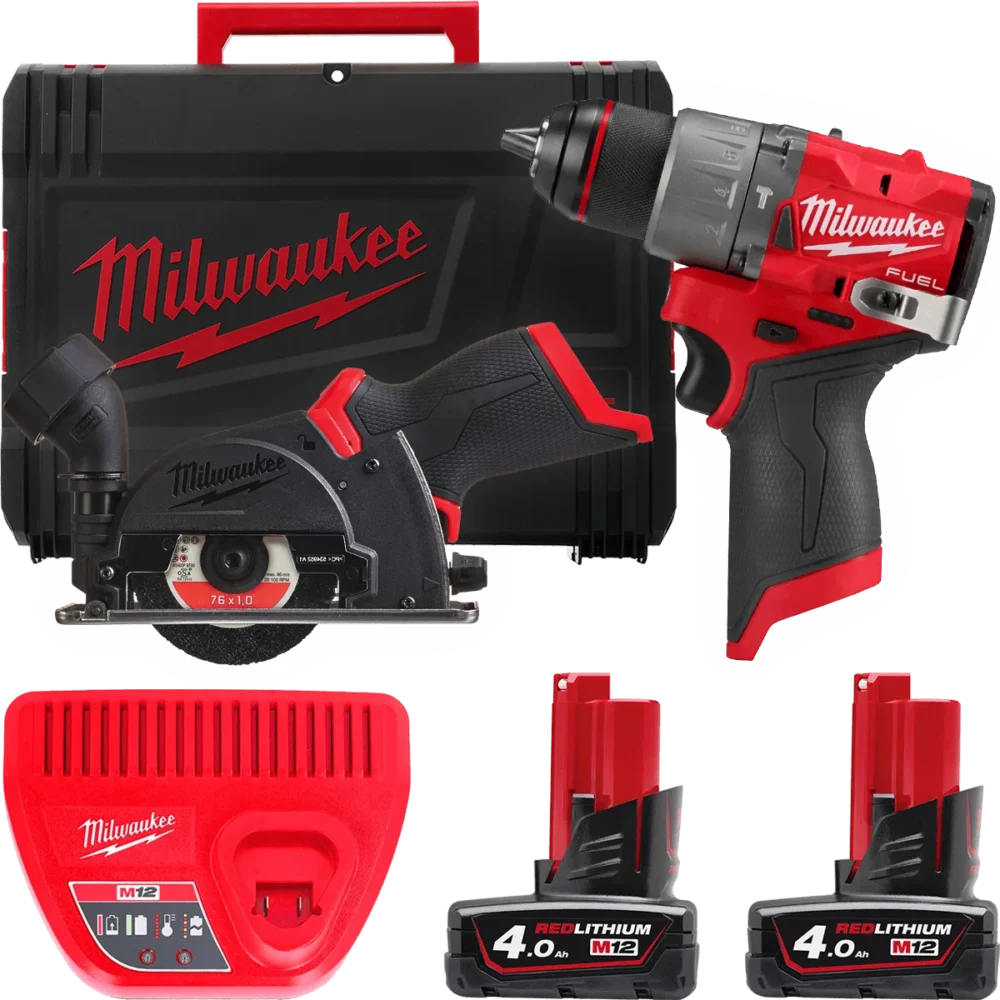 Набір з 2х інструментів акумуляторних безщіткових MILWAUKEE, M12FPP2G2-402X (зарядний пристрій С12, 2 акумулятори М12 В4 4Аг, др