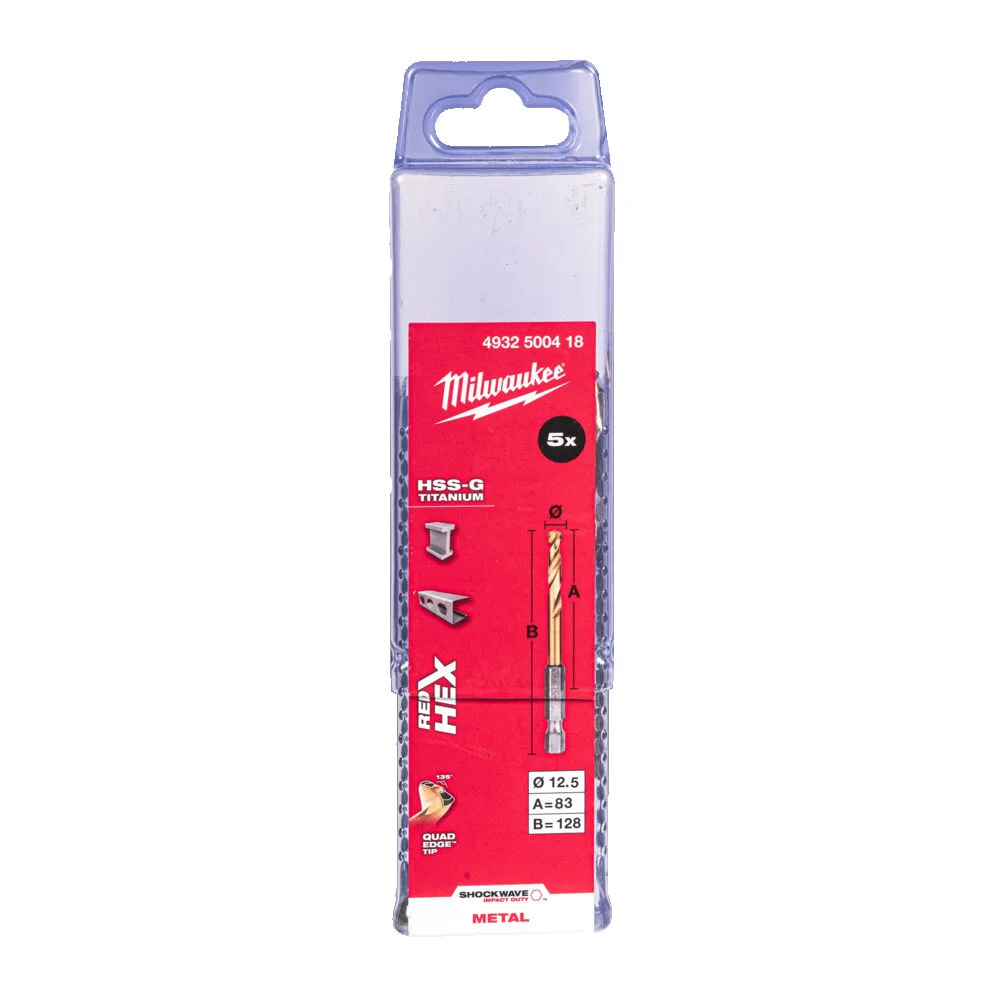Свердло по металу RedHEX SHOCKWAVE HSS-TiN MILWAUKEE, діаметр 12,5х128х83мм, (5шт), пластикова коробка